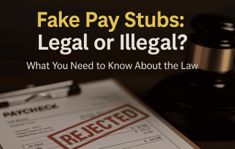 Rejected fake pay stub on clipboard with a judge's gavel in the background — blog cover image for article about the legality of fake pay stubs for rent or loan approval