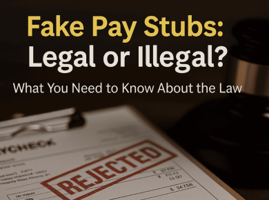 Rejected fake pay stub on clipboard with a judge's gavel in the background — blog cover image for article about the legality of fake pay stubs for rent or loan approval