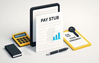 Mississippi pay stubs for rental applications — centered, professional financial documents with signature, approval seal, and calendar icon