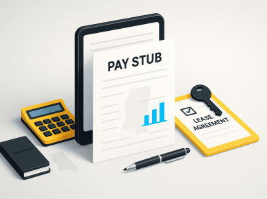 Mississippi pay stubs for rental applications — centered, professional financial documents with signature, approval seal, and calendar icon
