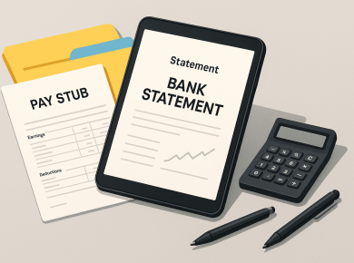 Professional financial documents on a desk with tablet bank statement and paper pay stub, centered and minimal